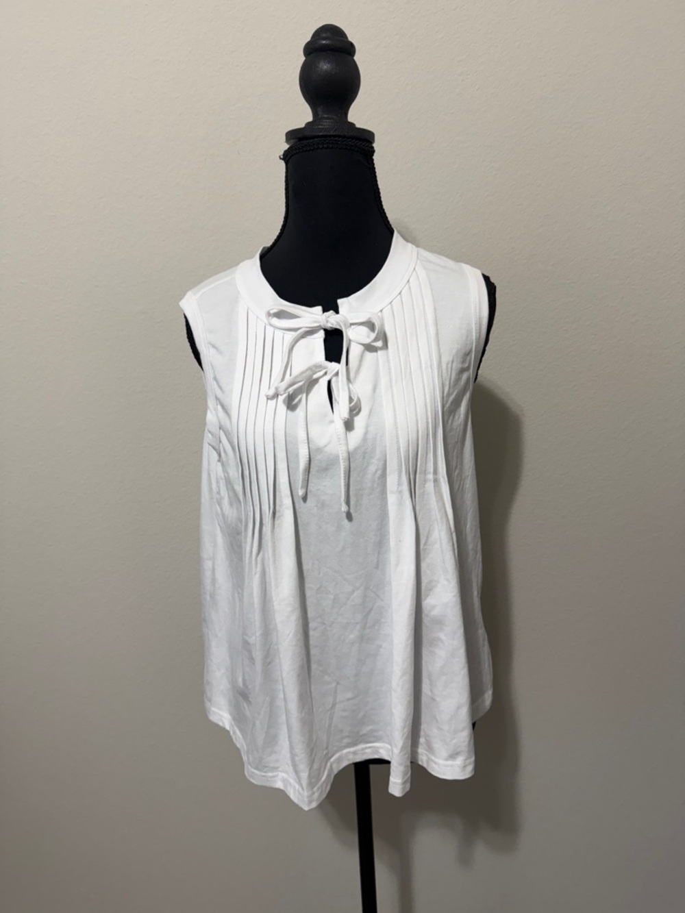 Women's White Sleeveless Tie-Neck Pintuck Top